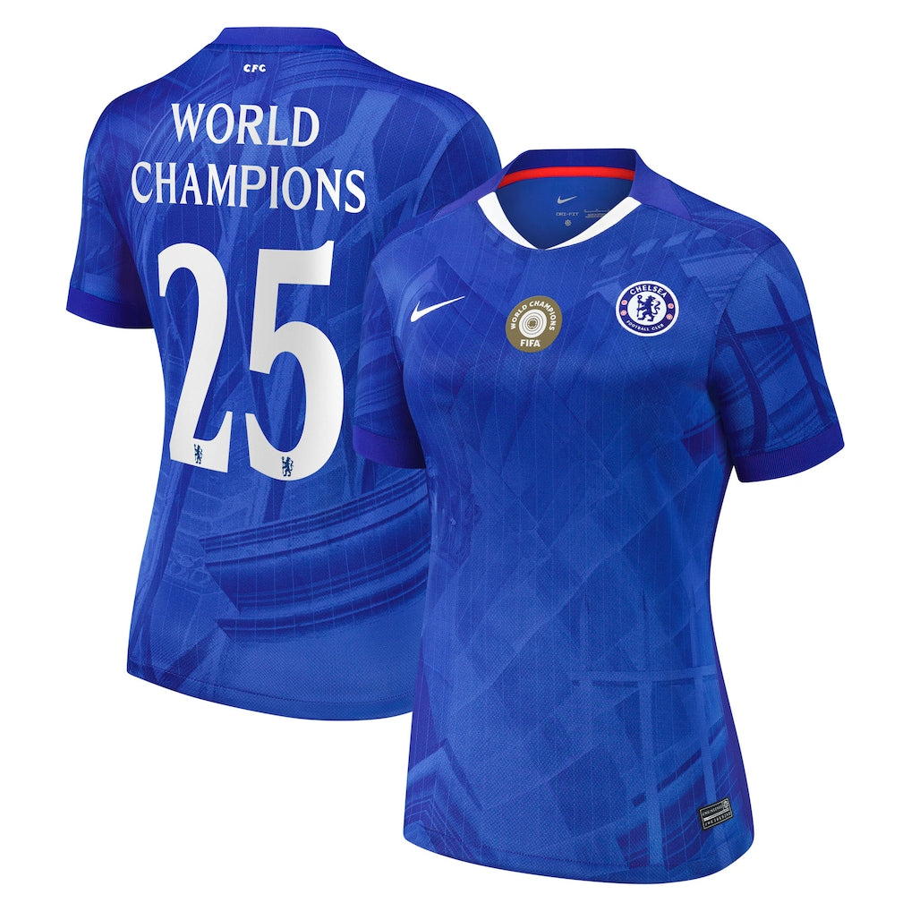 Dámský domácí fotbalový dres Chelsea Cupu 2025-26 s odznakem 25 mistrů světa na hrudi