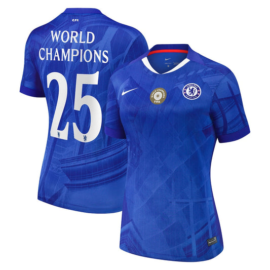 Dámský domácí fotbalový dres Chelsea Cupu 2025-26 s odznakem 25 mistrů světa na hrudi