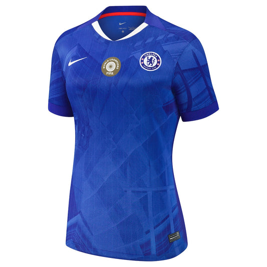 Dámský domácí fotbalový dres Chelsea Cupu 2025-26 s odznakem 25 mistrů světa na hrudi