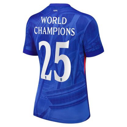 Dámský domácí fotbalový dres Chelsea Cupu 2025-26 s odznakem 25 mistrů světa na hrudi